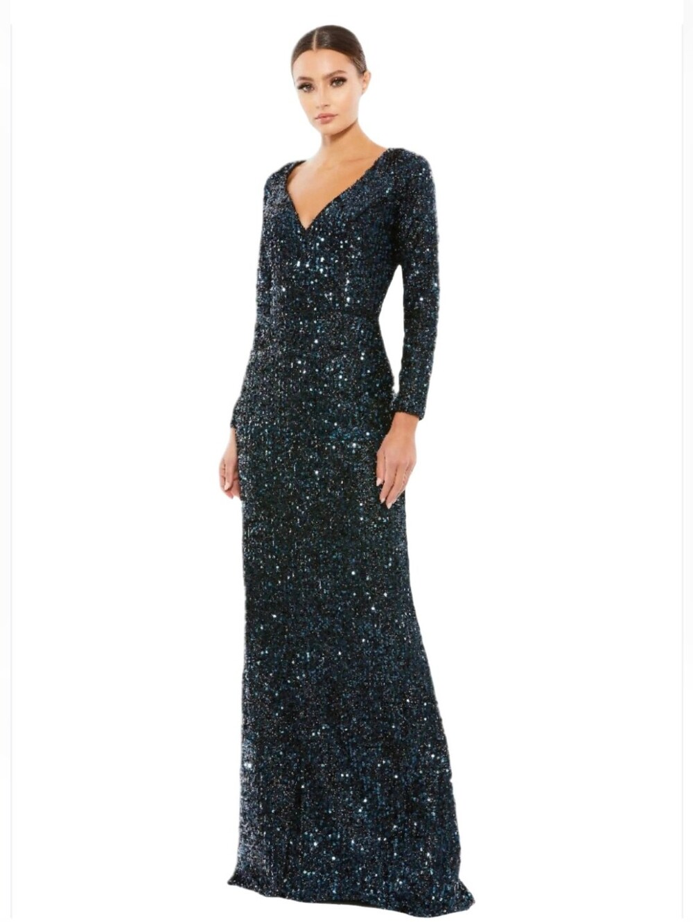 Mac Duggal 26445 NWT Sequined Long Sleeve Dress Midnight Blue
